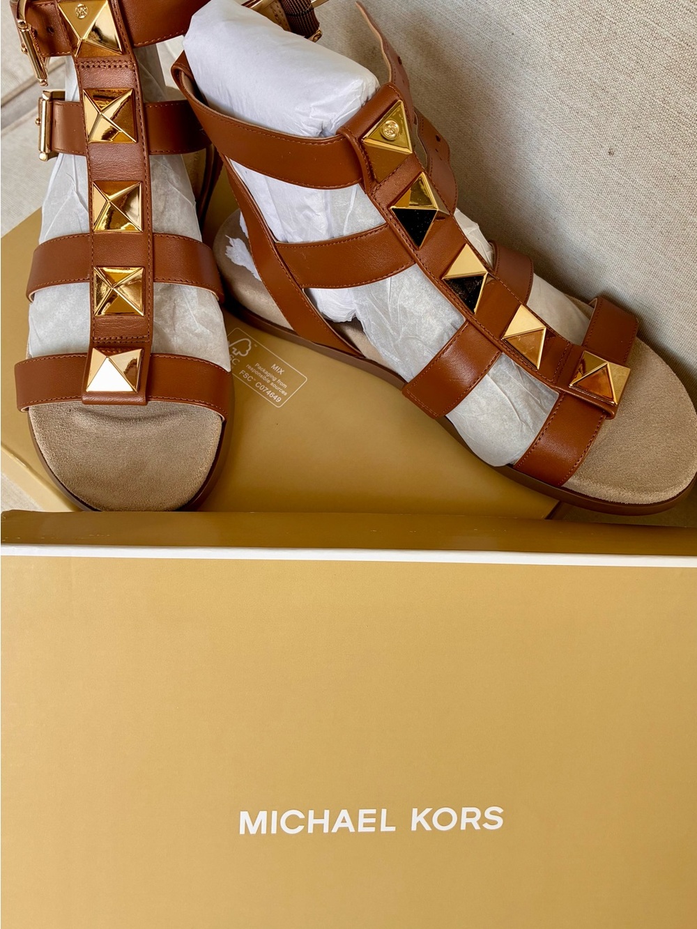 Michael Kors Brown Leather Gladiator Sandals with Gold Pyramid Studs